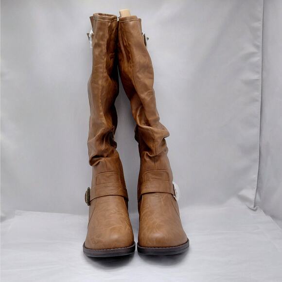 Journee Collection Women 10W Wide Calf Tan Knee High Slouch Riding Boots Buckle - Picture 3 of 11
